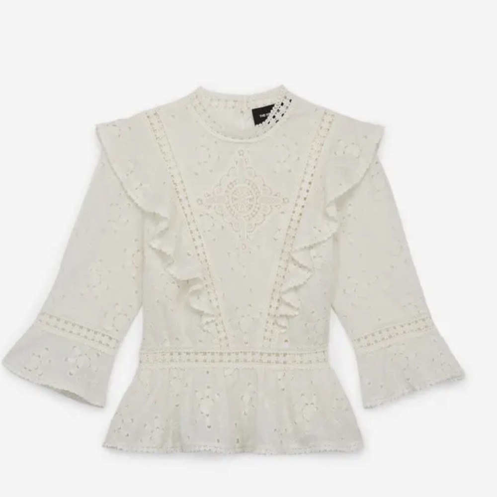 KOOPLES Lace Top w/ Crew Neck and Frills — Size 1/S, Ecru